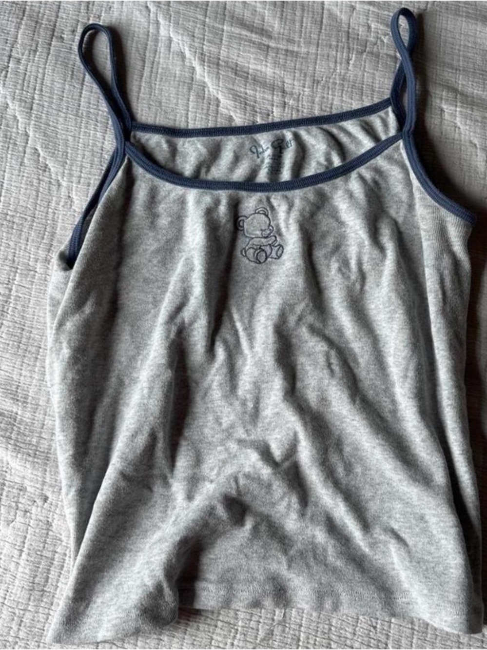 Brandy Melville Gray Tank with Navy Trim and Teddy Embroidery